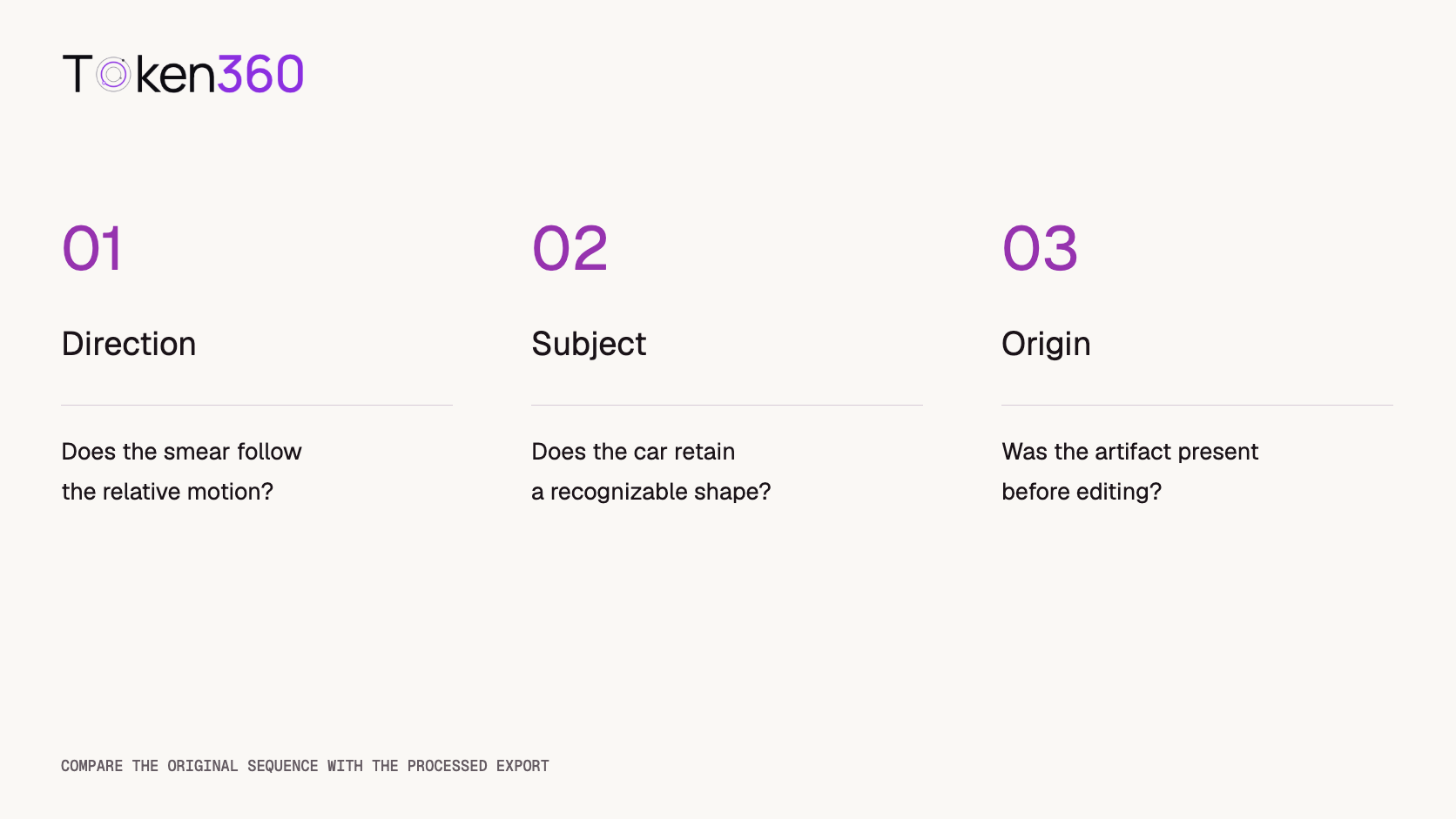 Three review checks distinguish motion direction, recognizable subject shape, and whether an artifact already existed in the source or appeared during editing.